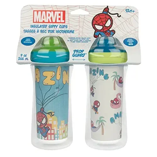 The First Years Marvel Insulated Sippy Cups - Spill Proof Insulated Toddler Cups with Bite-Resistant Hard Spout - 9 Ounces - 2 Count - 4