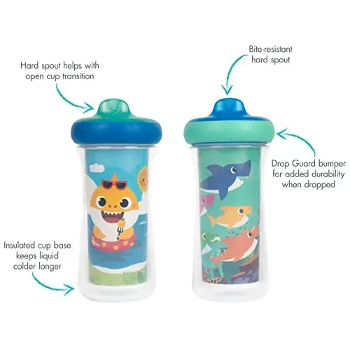 The First Years Pinkfong Baby Shark Izolyatsiyalangan Qopqoqli Chashka - To'kilmaydigan Bolalar uchun Idishlar - BPA holda tayyorlangan - 9 Oz - 2 Dona - THE FIRST YEARS (1)