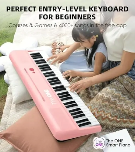 The ONE Smart Keyboard COLOR 61 Lighted Keys Piano Keyboard, Digital Piano for Beginners with 256 Tones, 64 Polyphony, Built-in LED Lights and Free Apps (Pink) - 1