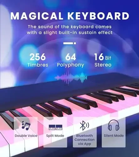 The ONE Smart Keyboard COLOR 61 Lighted Keys Piano Keyboard, Electric Piano for Beginners with 256 Tones, 64 Polyphony, Built-in LED Lights & Apps, Supports USB MIDI/Headphones (Purple) - 5