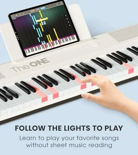 The ONE Smart Keyboard COLOR 61 Lighted Keys Piano Keyboard, Electric Piano for Beginners with 256 Tones, 64 Polyphony, Built-in LED Lights & Apps, Supports USB MIDI/Headphones (White) - 3