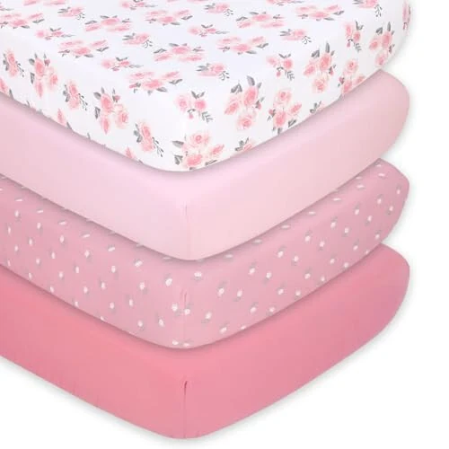 The Peanutshell Baby Girl Crib Sheets, Floral Fitted Baby Bed Sheet Set, Fits Standard Size Crib Mattress, 52x28, Pink Flowers Roses Nursery Decor, 4 Pack in Grey, Pink, White - The