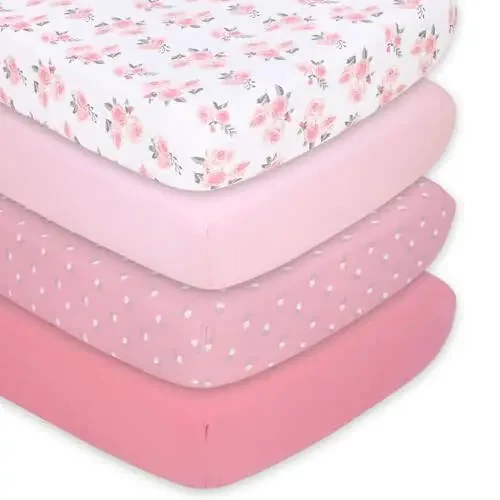 The Peanutshell Baby Girl Crib Sheets, Floral Fitted Baby Bed Sheet Set, Fits Standard Size Crib Mattress, 52x28, Pink Flowers Roses Nursery Decor, 4 Pack in Grey, Pink, White - 1