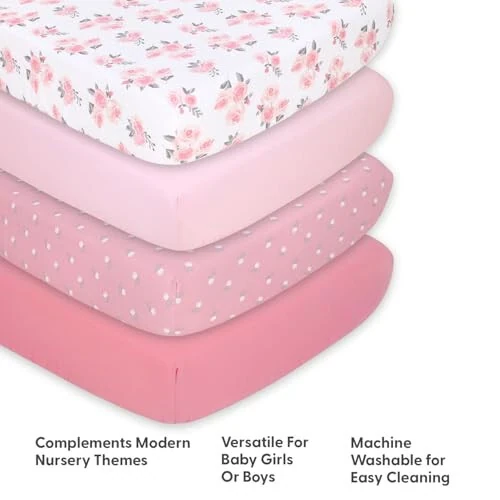 The Peanutshell Baby Girl Crib Sheets, Floral Fitted Baby Bed Sheet Set, Fits Standard Size Crib Mattress, 52x28, Pink Flowers Roses Nursery Decor, 4 Pack in Grey, Pink, White - 4