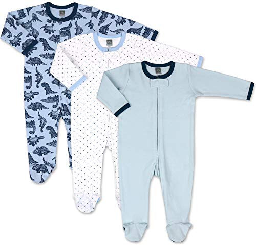 The Peanutshell Baby Sleeper Set for Boys or Girls | 3 Pack in Dinosaur, Solid Blue & Dots | Newborn to 9M Footed Pajamas - 31