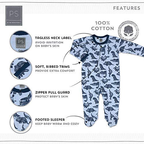 The Peanutshell Baby Sleeper Set for Boys or Girls | 3 Pack in Dinosaur, Solid Blue & Dots | Newborn to 9M Footed Pajamas - 14