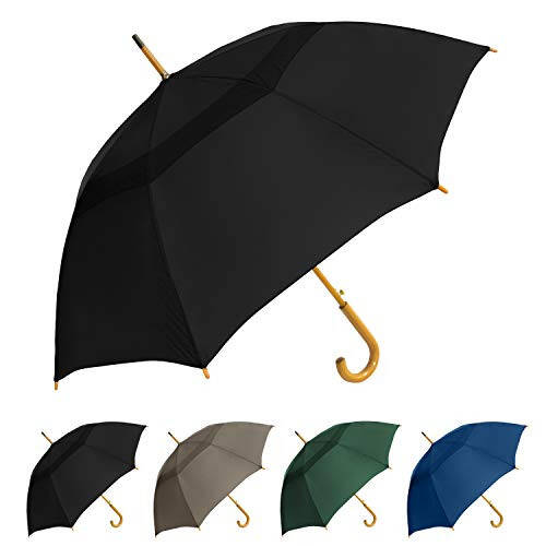 The Vented Urban Brolly 48” Arc Automatic Open Large Windproof Golf Umbrella, Classic Umbrella with Wooden J Handle, Vintage Style Lightweight Long Curved Handle Umbrella for Rain - Black - 1