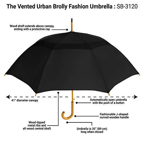 The Vented Urban Brolly 48” Arc Automatic Open Large Windproof Golf Umbrella, Classic Umbrella with Wooden J Handle, Vintage Style Lightweight Long Curved Handle Umbrella for Rain - Black - 3