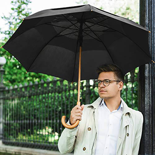 The Vented Urban Brolly 48” Arc Automatic Open Large Windproof Golf Umbrella, Classic Umbrella with Wooden J Handle, Vintage Style Lightweight Long Curved Handle Umbrella for Rain - Black - 5