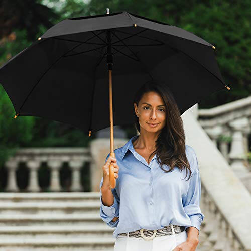 The Vented Urban Brolly 48” Arc Automatic Open Large Windproof Golf Umbrella, Classic Umbrella with Wooden J Handle, Vintage Style Lightweight Long Curved Handle Umbrella for Rain - Black - 6