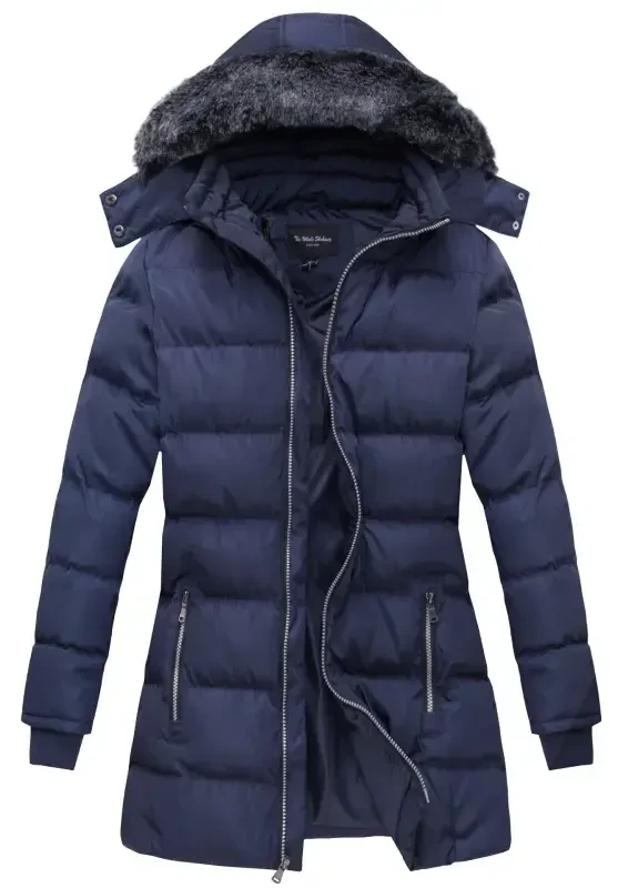 The Whole Shebang Women's Puffer Winter Coat with Faux-Fur Trim Hood, Zip Front; Long Sleeve, Warm, Vegan Down M - Modazone