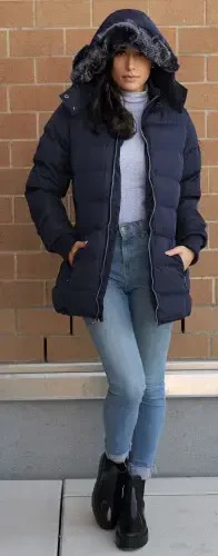 The Whole Shebang Women's Puffer Winter Coat with Faux-Fur Trim Hood, Zip Front; Long Sleeve, Warm, Vegan Down M - 4