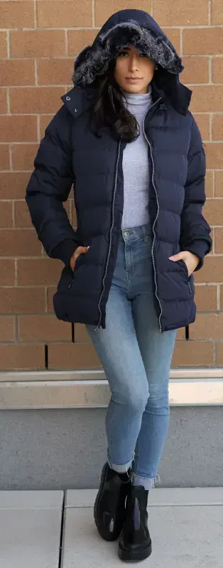 The Whole Shebang Women's Puffer Winter Coat with Faux-Fur Trim Hood, Zip Front; Long Sleeve, Warm, Vegan Down M - 4