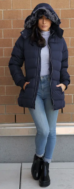 The Whole Shebang Women's Puffer Winter Coat with Faux-Fur Trim Hood, Zip Front; Long Sleeve, Warm, Vegan Down M - 4