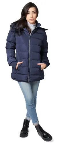 The Whole Shebang Women's Puffer Winter Coat with Faux-Fur Trim Hood, Zip Front; Long Sleeve, Warm, Vegan Down M - 6