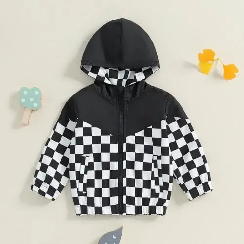 TheFound Toddler Girls Boys Hoodies Jacket Checkerboard Zip-Up Hooded Long Sleeve Coat Fall Winter Kid Baby Clothes Outerwear - 2