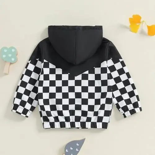 TheFound Toddler Girls Boys Hoodies Jacket Checkerboard Zip-Up Hooded Long Sleeve Coat Fall Winter Kid Baby Clothes Outerwear - 4