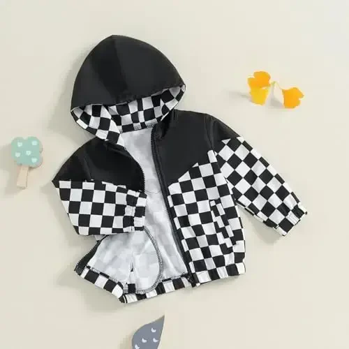 TheFound Toddler Girls Boys Hoodies Jacket Checkerboard Zip-Up Hooded Long Sleeve Coat Fall Winter Kid Baby Clothes Outerwear - 3