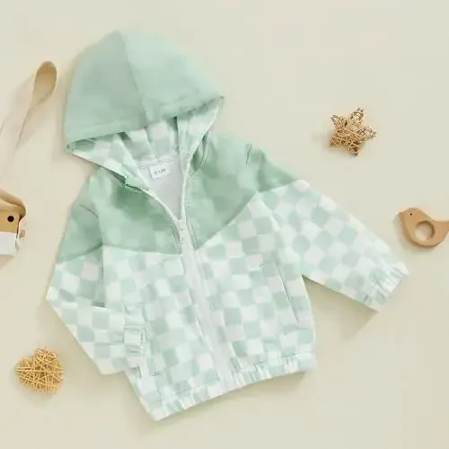 TheFound Toddler Qizlar Bolalar Kapşonli Kurtka Shaxmat Taxtasi Fermuarli Kapşonli Uzun Yengli Palto Kuz Qish Bola Chaqaloq Kiyimlari Ustki Kiyim - 3