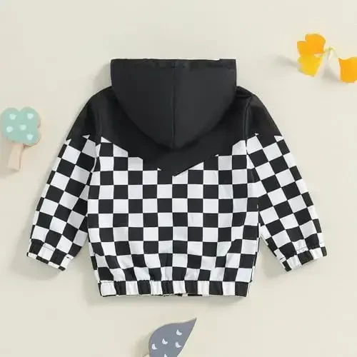 TheFound Toddler Qizlar Bolalar Kapüşonli Kurtka Shaxmat Taxtasi Fermuarli Kapüşonli Uzun Qisma Palto Kuzgi Qishki Bola Chaqaloq Kiyimlari Ustki Kiyim - 4