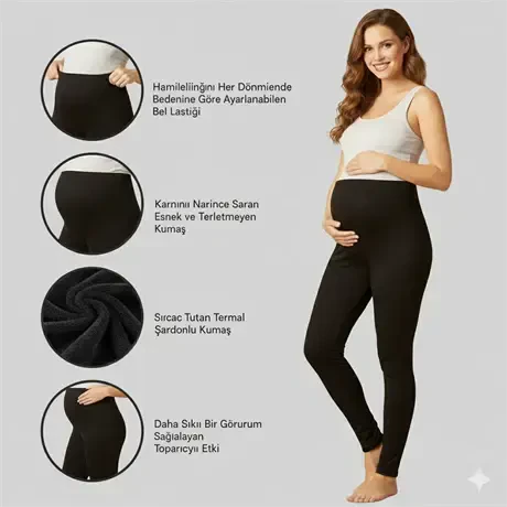 Thermal Brushed Warm Keeping Flexible Adjustable Waist Winter Maternity Leggings Black - BÜYÜKBEDENIZ