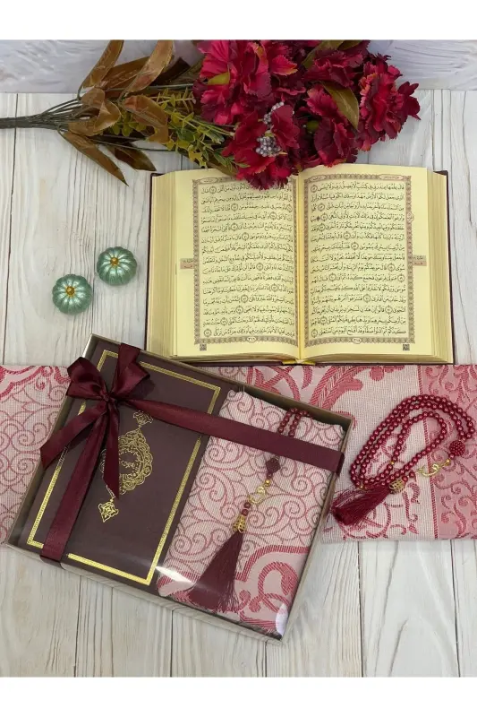 Thermo Leather Quran, Cotton Prayer Rug, Pearl Rosary, Bundle Dowry Gift Set Home Concept-BURGUNDY - DUHAİSLAMIHEDIYELIK