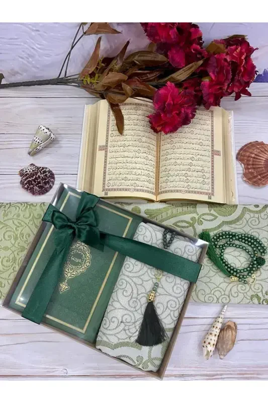 Thermo Leather Quran Cotton Prayer Rug Pearl Rosary Bundle Dowry Gift Set Home Concept-GREEN - 1