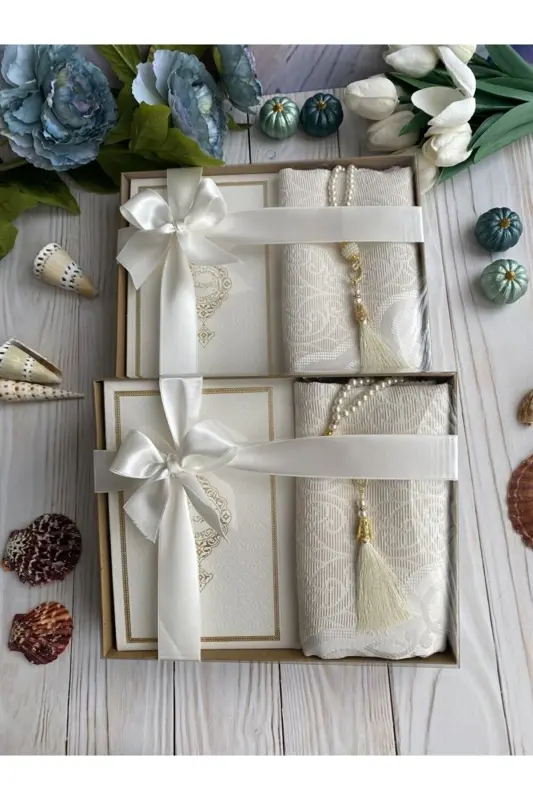 Thermo Leather Quran, Cotton Prayer Rug, Pearl Rosary, Bundle Dowry Gift Set Home Concept-WHITE - DUHAİSLAMIHEDIYELIK