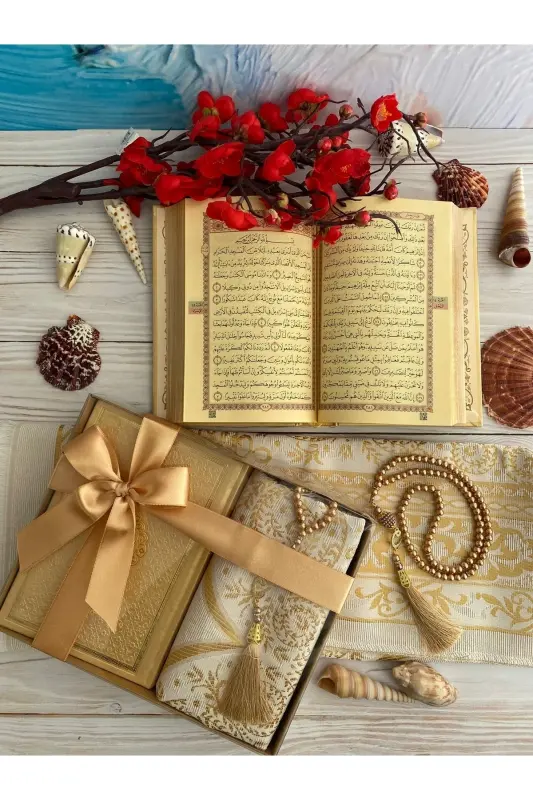 Thermo Leather Quran, Cotton Prayer Rug, Pearl Rosary, Bundle Dowry-GOLD - 1