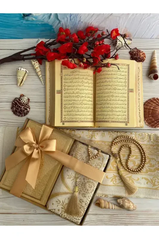 Thermo Leather Quran, Cotton Prayer Rug, Pearl Rosary, Bundle Dowry-GOLD - DUHAİSLAMIHEDIYELIK