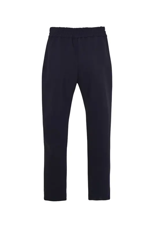 Thick Belted Elastic Waist Trousers-Navy Blue - 3