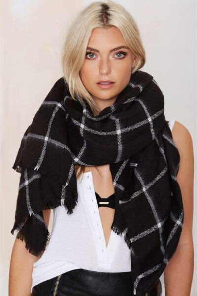 Thick Black Plaid Scarf with White Stripes - 1