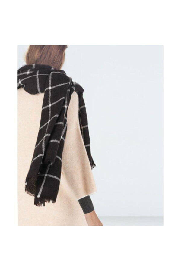 Thick Black Plaid Scarf with White Stripes - 2