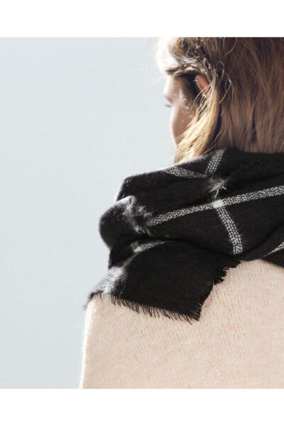 Thick Black Plaid Scarf with White Stripes - 3