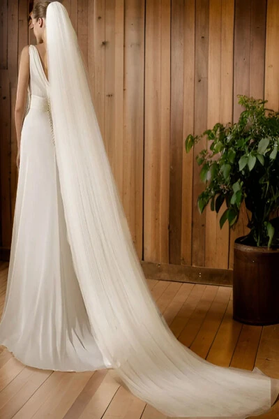 Thick Long Veil Simple 2.5 Meter Length 3 Meter Width Thick Veil Plain - Tulle, Off White - Modazone