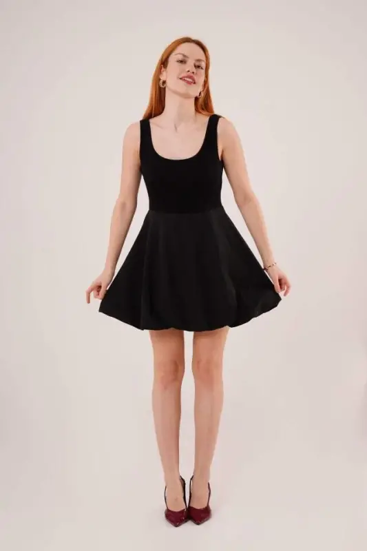 Thick Strap Balloon Skirt Black Mini Dress - BÜYÜKBEDENIZ