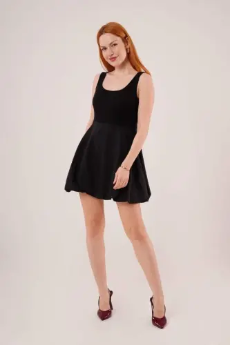 Thick Strap Balloon Skirt Black Mini Dress - BÜYÜKBEDENIZ (1)
