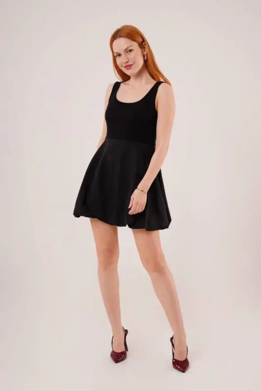 Thick Strap Balloon Skirt Black Mini Dress - 2