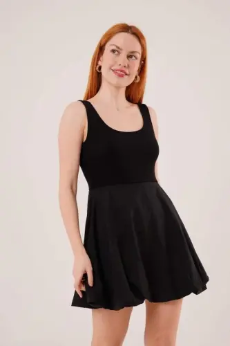 Thick Strap Balloon Skirt Black Mini Dress - 3