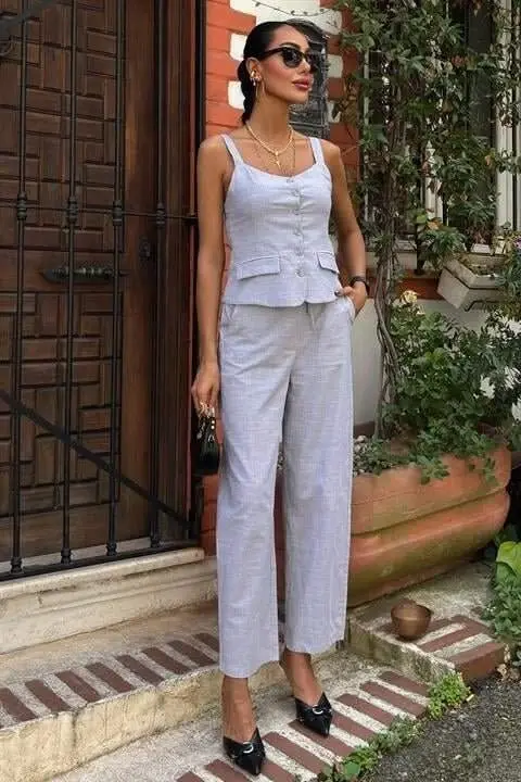 Thick Strap Blouse Pants Linen Set 10187 - 1