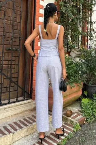 Thick Strap Blouse Pants Linen Set 10187 - 4