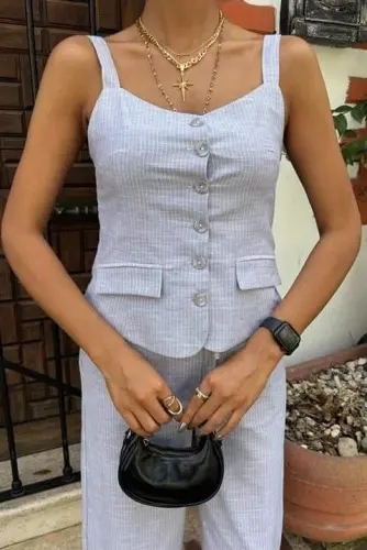 Thick Strap Blouse Pants Linen Set 10187 - 7