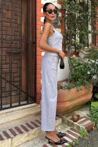 Thick Strap Blouse Pants Linen Set 10187 - 8