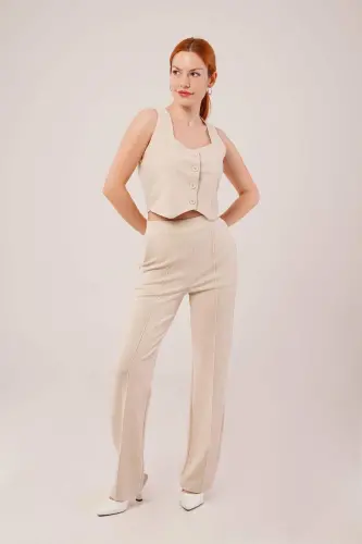 Thick Strap Buttoned Vest and Trousers Beige Set - 1