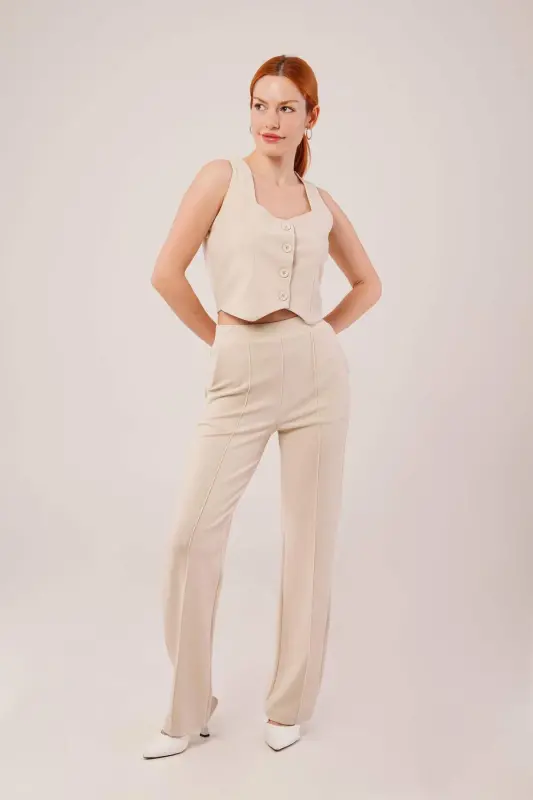 Thick Strap Buttoned Vest and Trousers Beige Set - BÜYÜKBEDENIZ