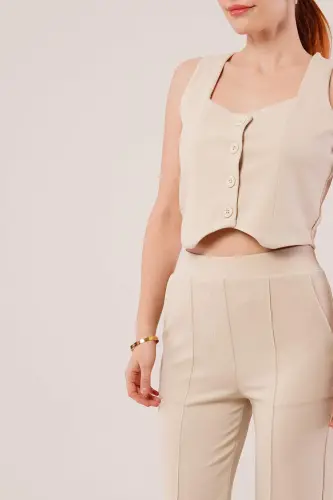 Thick Strap Buttoned Vest and Trousers Beige Set - BÜYÜKBEDENIZ (1)