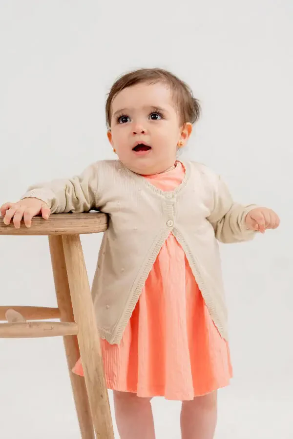 Thin Knit Baby Girl Pompom Cardigan Beige - 1