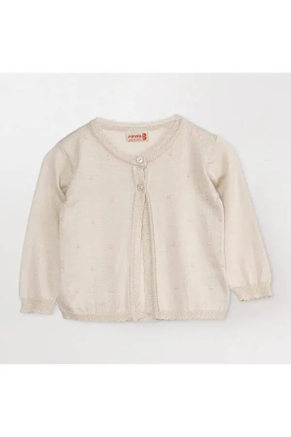 Thin Knit Baby Girl Pompom Cardigan Beige - 2