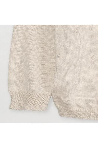 Thin Knit Baby Girl Pompom Cardigan Beige - 4