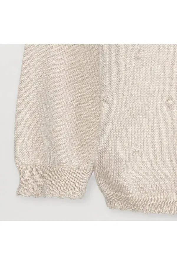 Thin Knit Baby Girl Pompom Cardigan Beige - 4